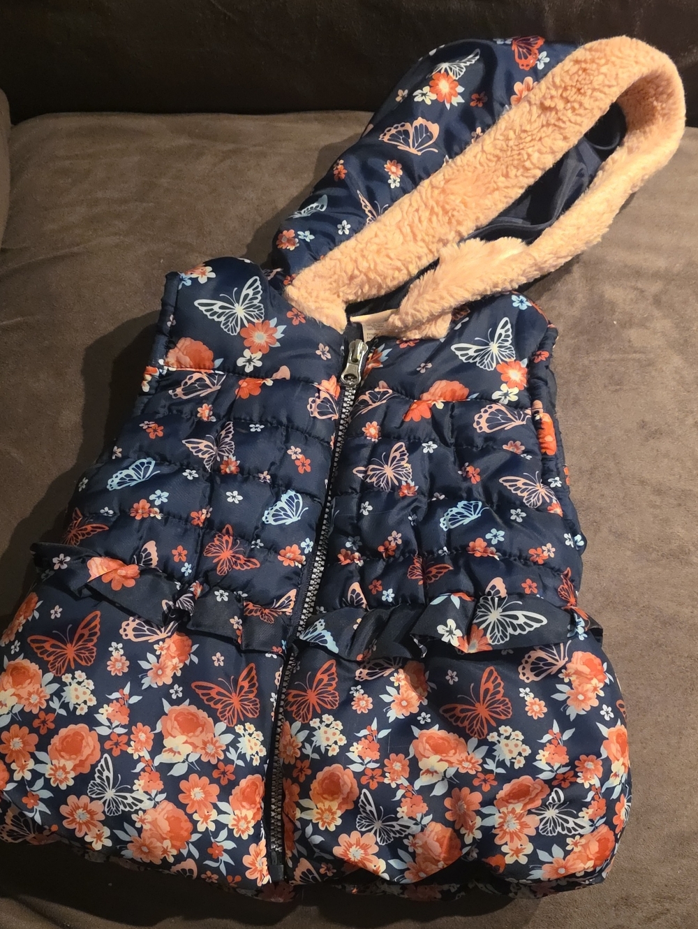 Girls' Navy Floral & Butterfly Puffer Vest with Sherpa Hood, Size 24M